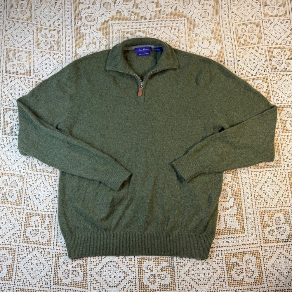 Alan Flusser Mens L Green 100% Cashmere Quarter Zip Mock Neck Pullover Sweater